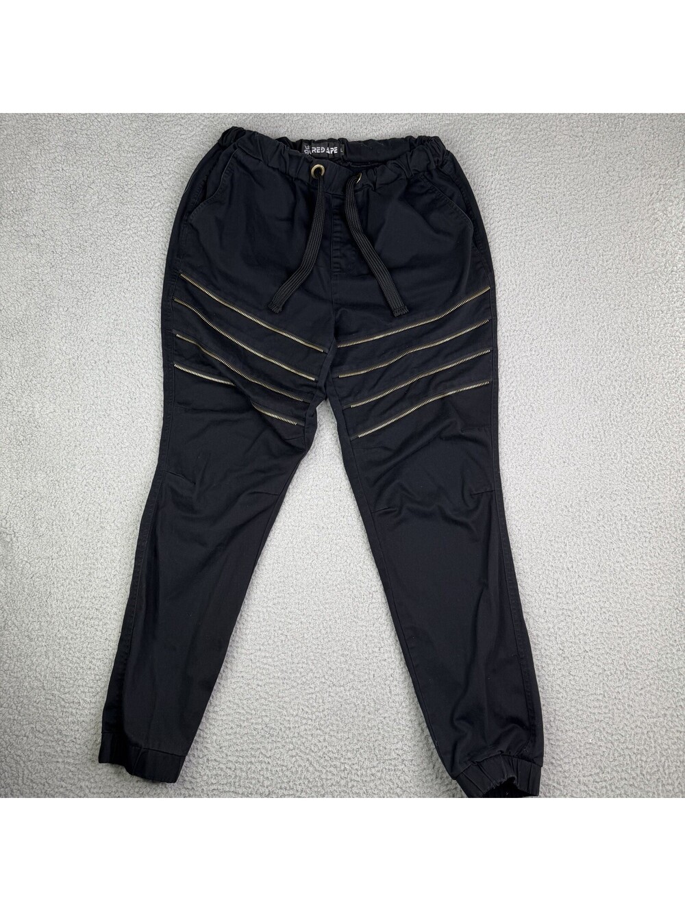 Red Ape Mens Moto Zipper Jogger Sweatpants Black Ribbed Knee Drawstring Size L